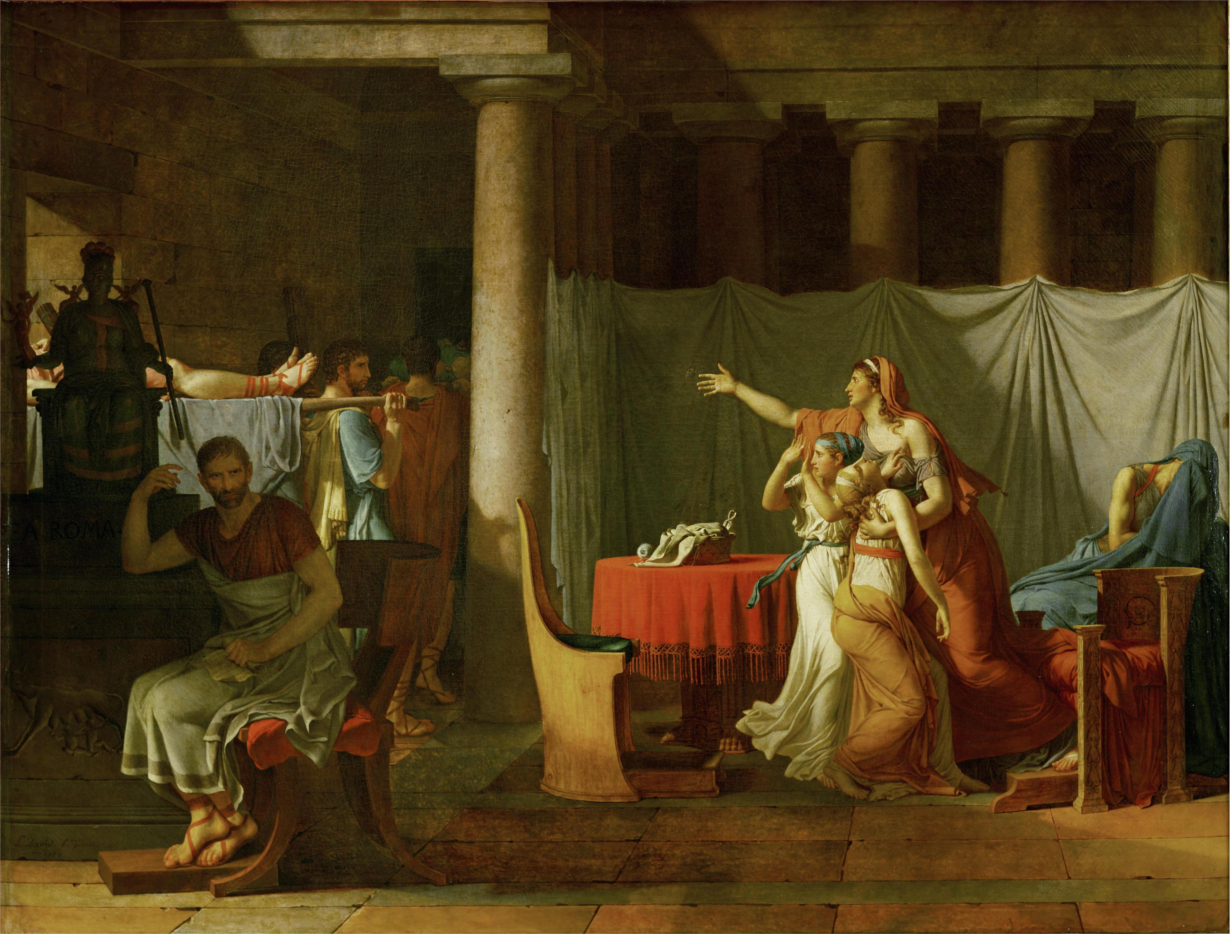 上图：法国大革命画家雅克-路易·大卫（Jacques-Louis David）1789年的油画作品《运送布鲁图斯儿子尸体的军士们 The Lictors Bring to Brutus the Bodies of His Sons》。布鲁图斯（Lucius Junius Brutus）是罗马共和国的建立者，担任罗马第一任执政官。他「按着公义审判」了参与密谋恢复帝制的两个儿子，下令处决了他们。画中的布鲁图斯背对着两个儿子的尸体，对国家大事作冷静的理性思考，而他的妻子和两个女儿却为亲情而悲痛不已。画家主张艺术为政治服务，用中间的柱子把画面分成两部分：左侧是国家利益、理性思考，这是他所推崇的；右侧是家庭价值、人伦亲情，这是他所批判的。这幅作品反映并鼓舞了法国大革命的「公义」思想，画家本人也按着这种人间的「公义」，投票把善良的法国国王路易十六（Louis XVI，1774-1791年在位）于1793年推上了断头台。而一年之后，宣布「路易必须死，因为共和国必须生」的雅各宾派革命领袖罗伯斯比尔（Maximilien de Robespierre），也被更「公义」的革命者送上了断头台。