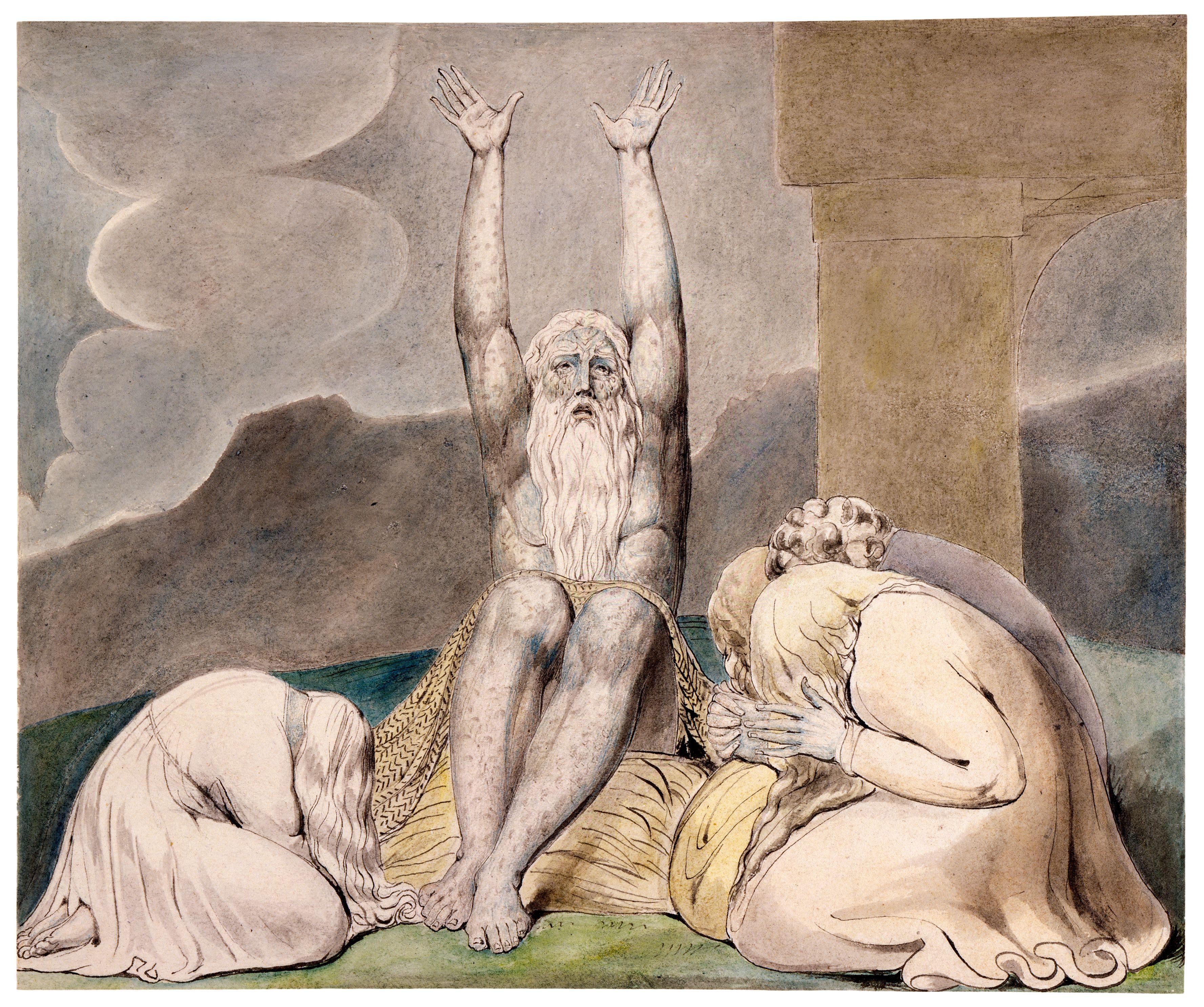 上图：英国诗人、画家威廉·布莱克（William Blake，1757-1827年）的版画《约伯的绝望 Job's Despair》，描绘「愿我生的那日和说怀了男胎的那夜都灭没」（伯三3）。